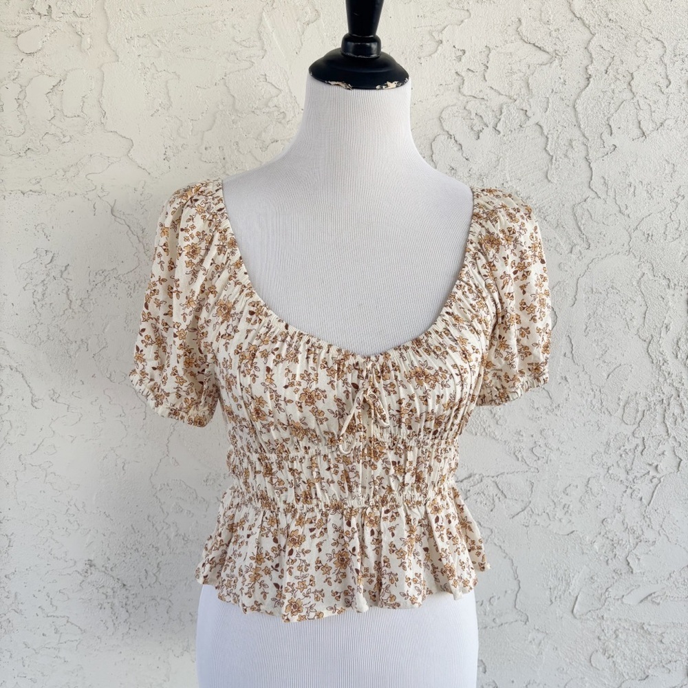 Arizona Jean Company Floral Smocked Blouse - Cream and Brown